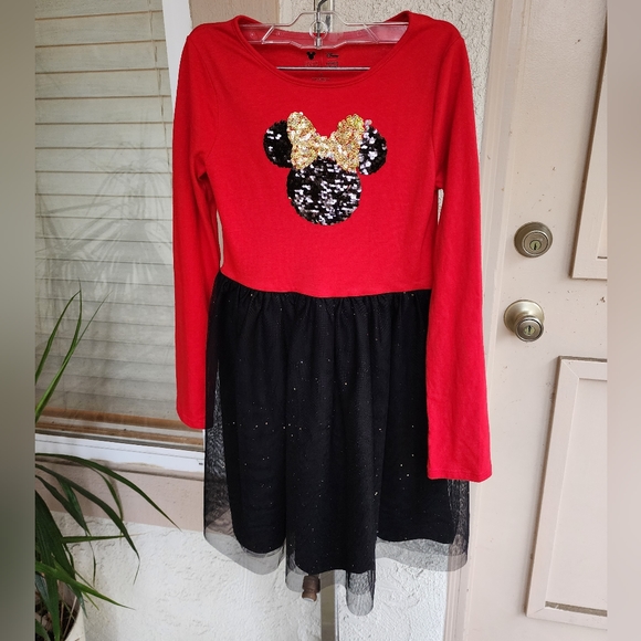 8 Girls Kids DISNEY Sequin Minnie Mouse Long Sleeve Tulle Dress red black - Picture 2 of 13